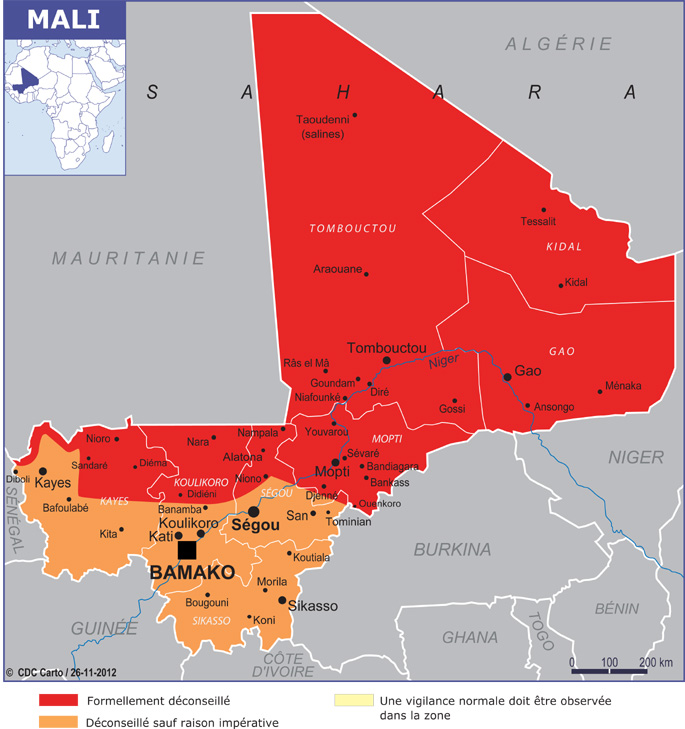 Carte du mali selon le ministère français des affaires étrangères