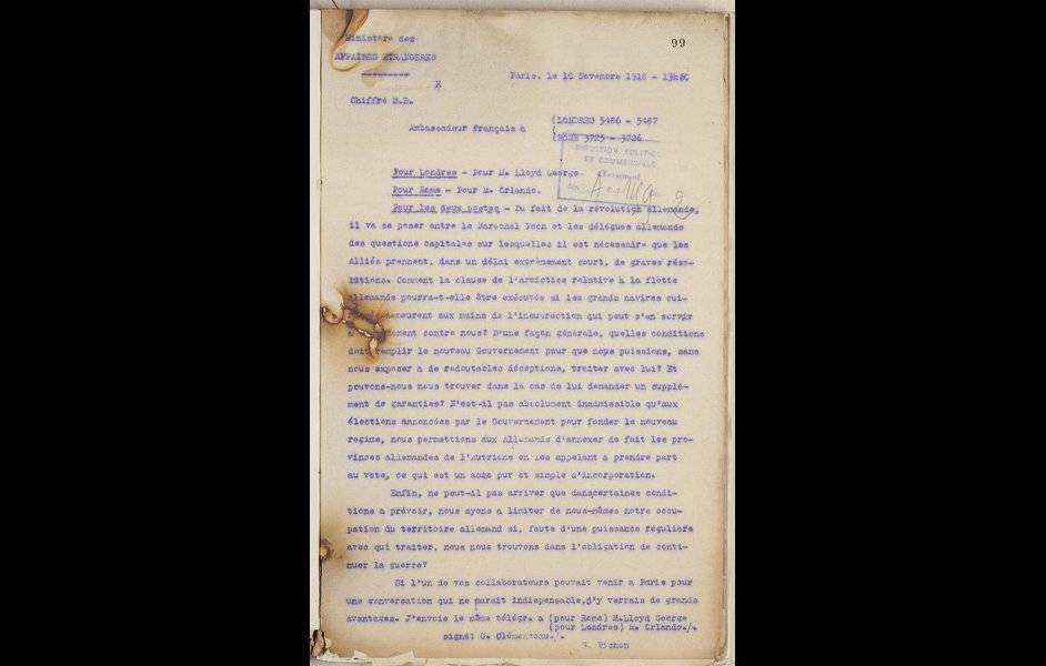 Image Diaporama - Télégramme diplomatique de Clemenceau à ses (...)